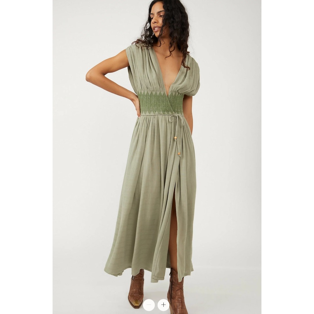 Free People Olive Green Maxi Dress with Smocked Waist